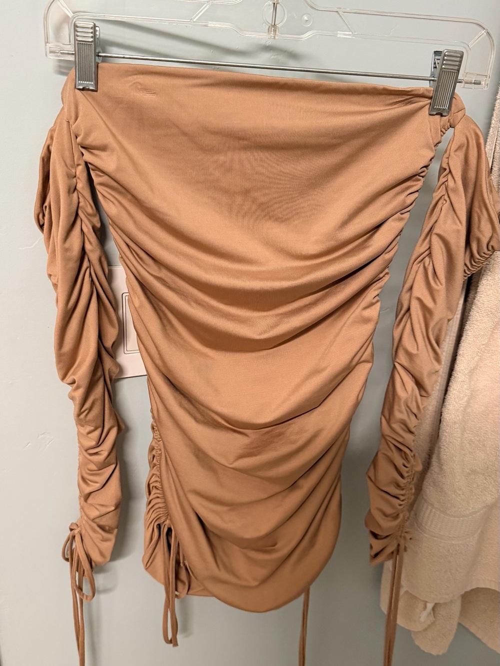Oh Polly In a Ruche off the shoulder  Mini Dress  – Tan (US 6) NWT